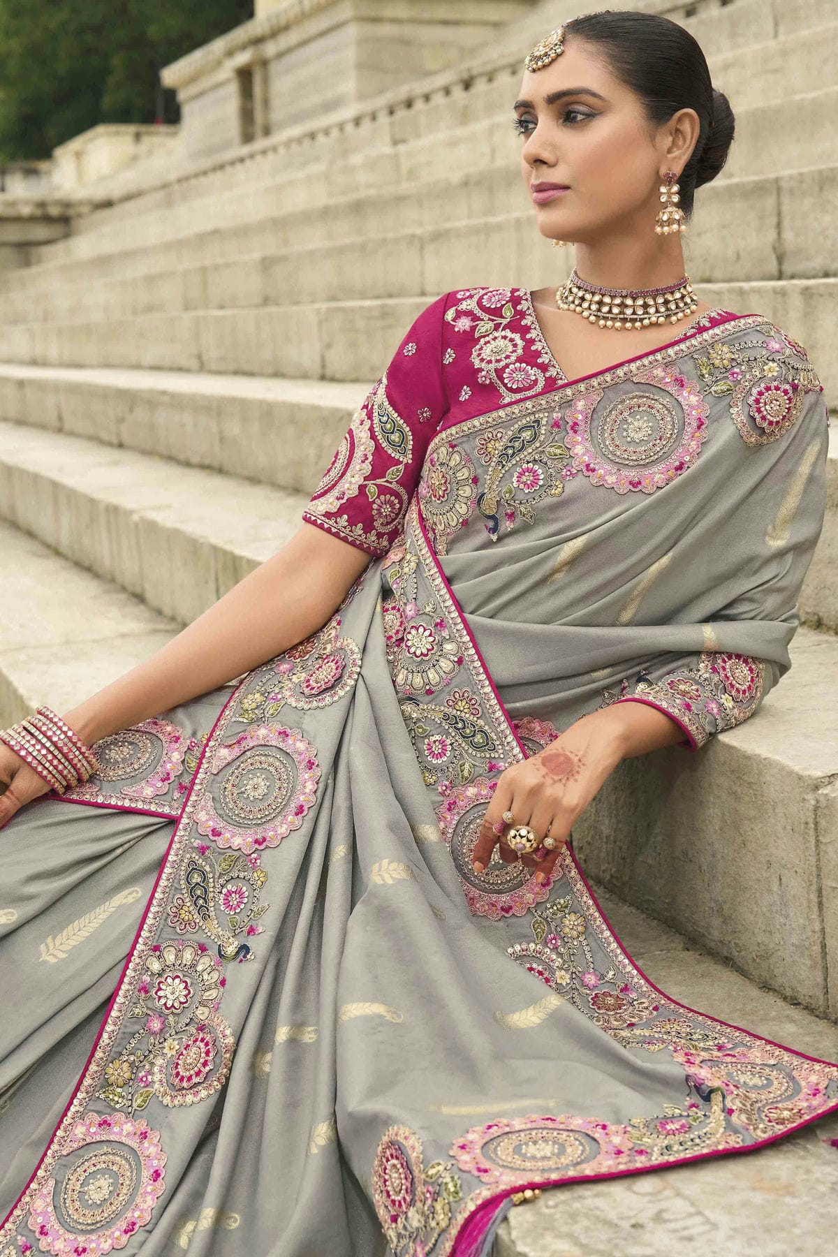 Grey Colour Viscose Tissue Silk Designer Saree VSSD1112656