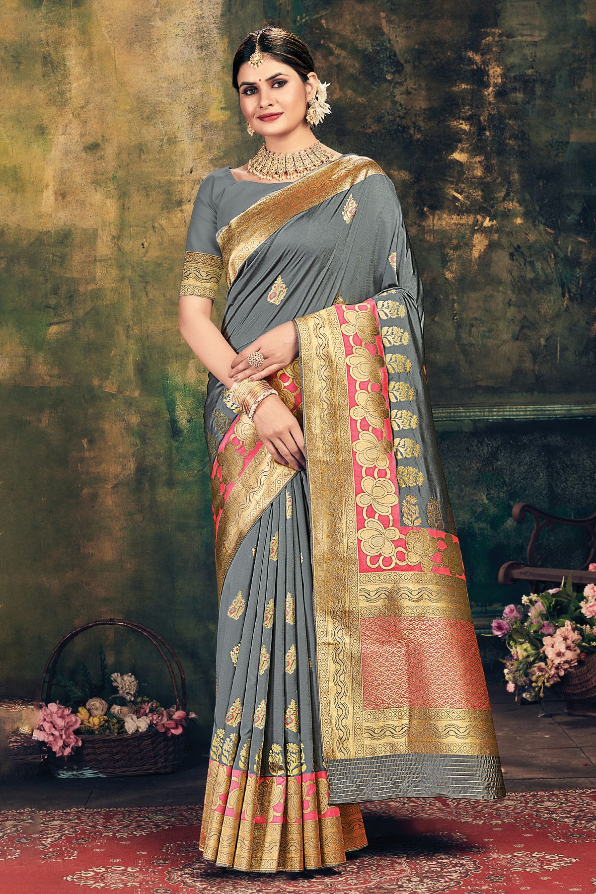 Grey Colour Woven Work Banarasi Silk Saree