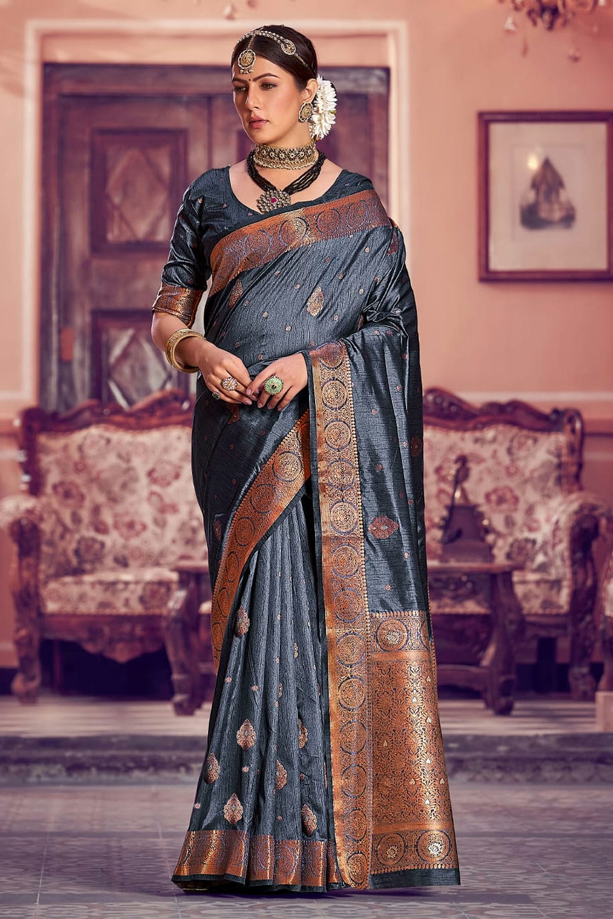 Grey Colour Woven Work Banarasi Silk Saree