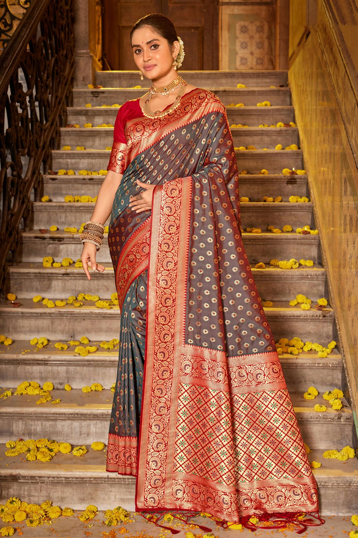 Grey Colour Woven Work Banarasi Silk Saree