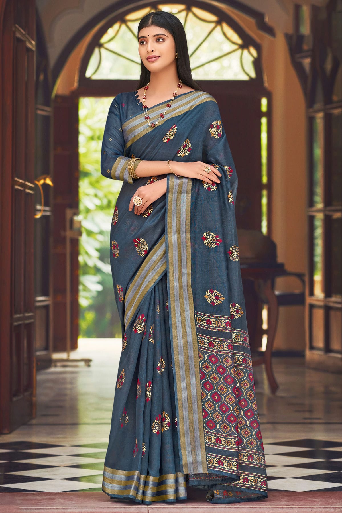 Grey Colour Woven Work Chanderi Saree