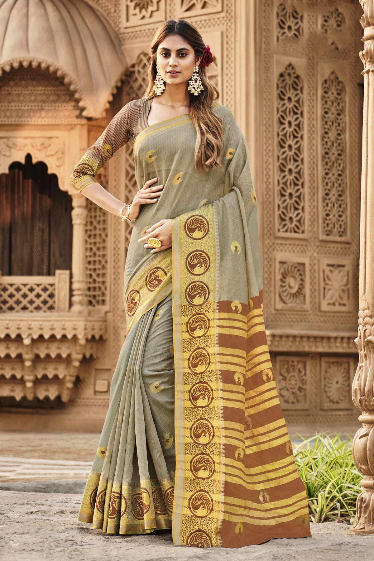 Grey Colour Woven Work Cotton Saree