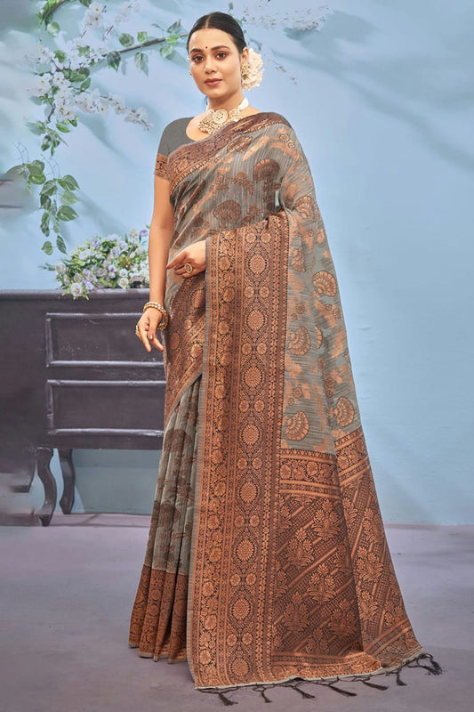 Grey Colour Woven Work Cotton Saree