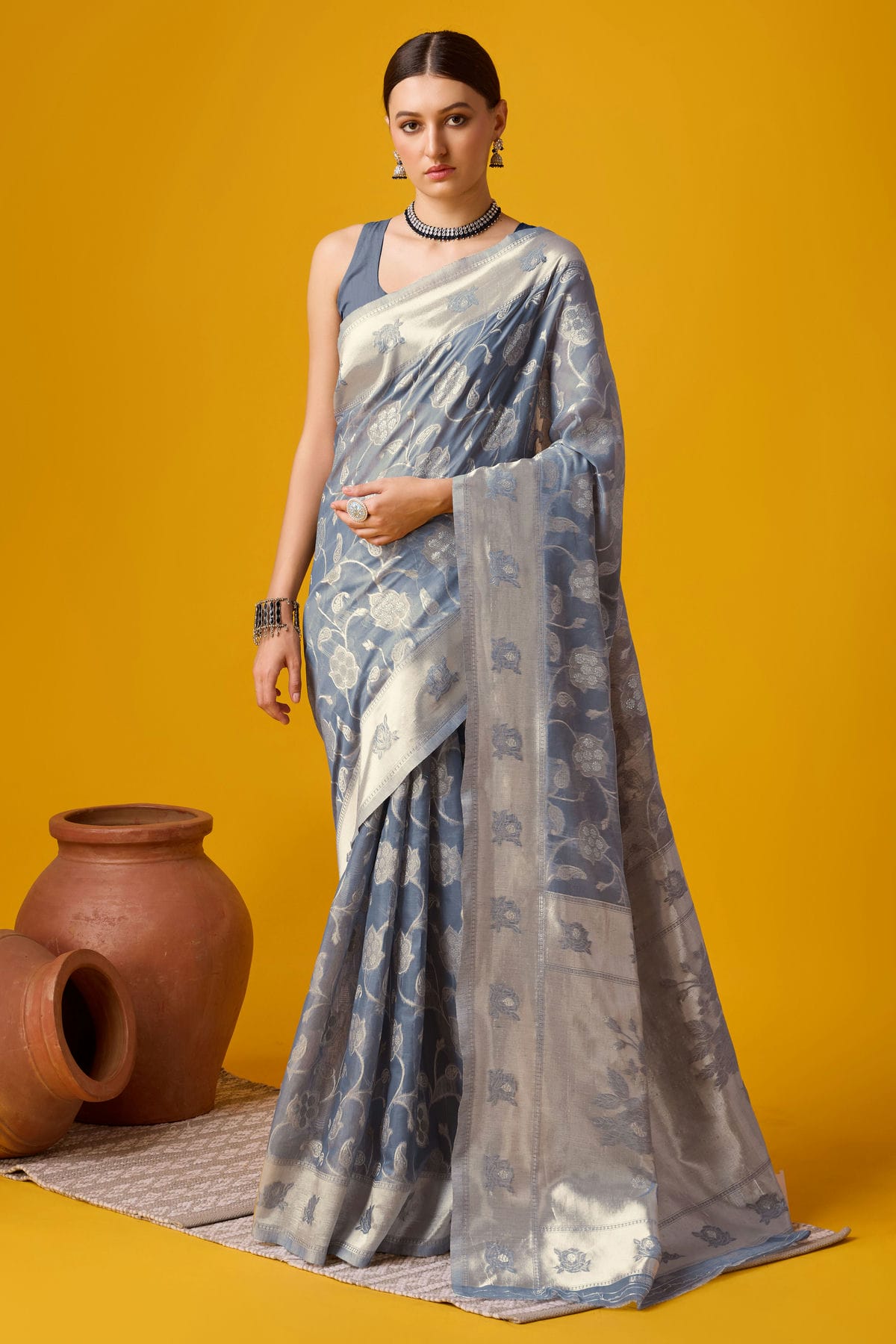 Grey Colour Woven Work Cotton Saree