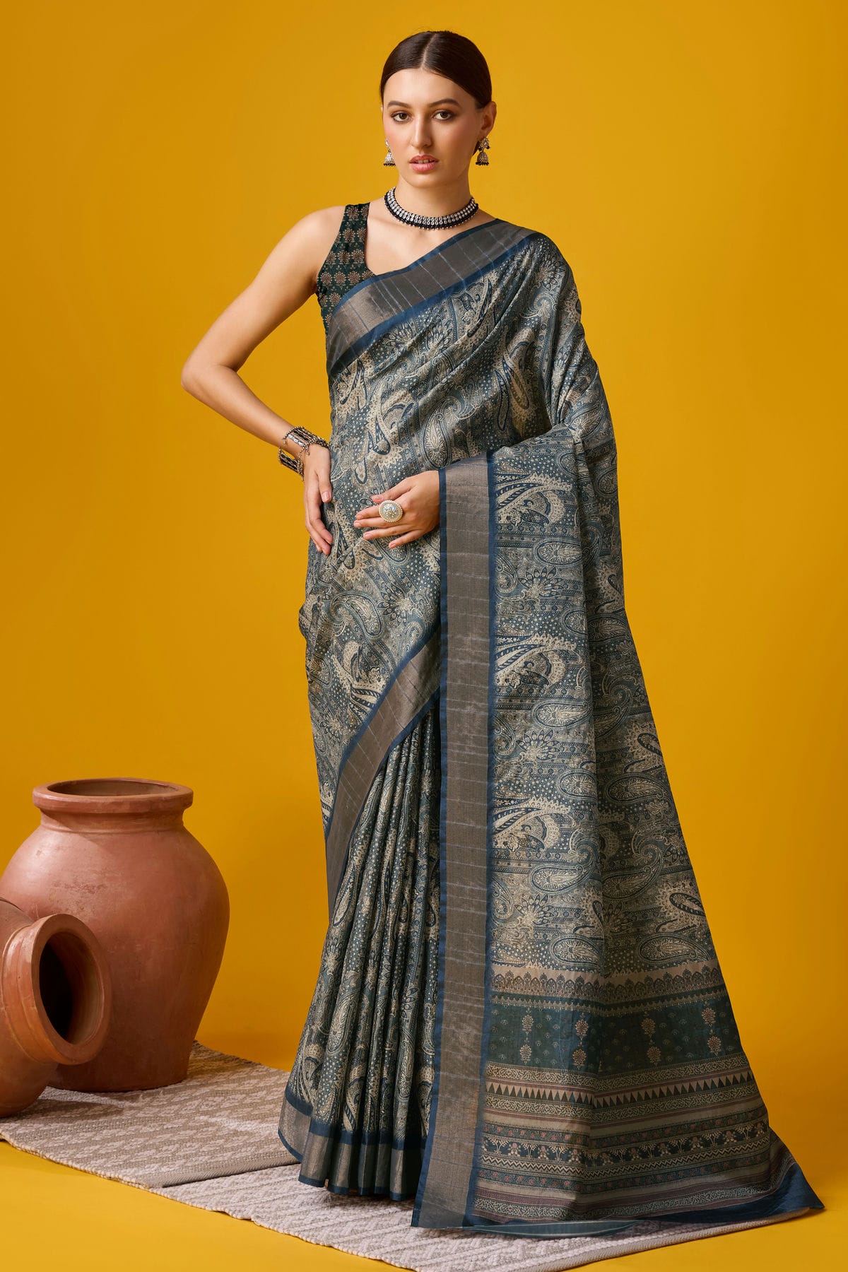 Grey Colour Woven Work Cotton Saree