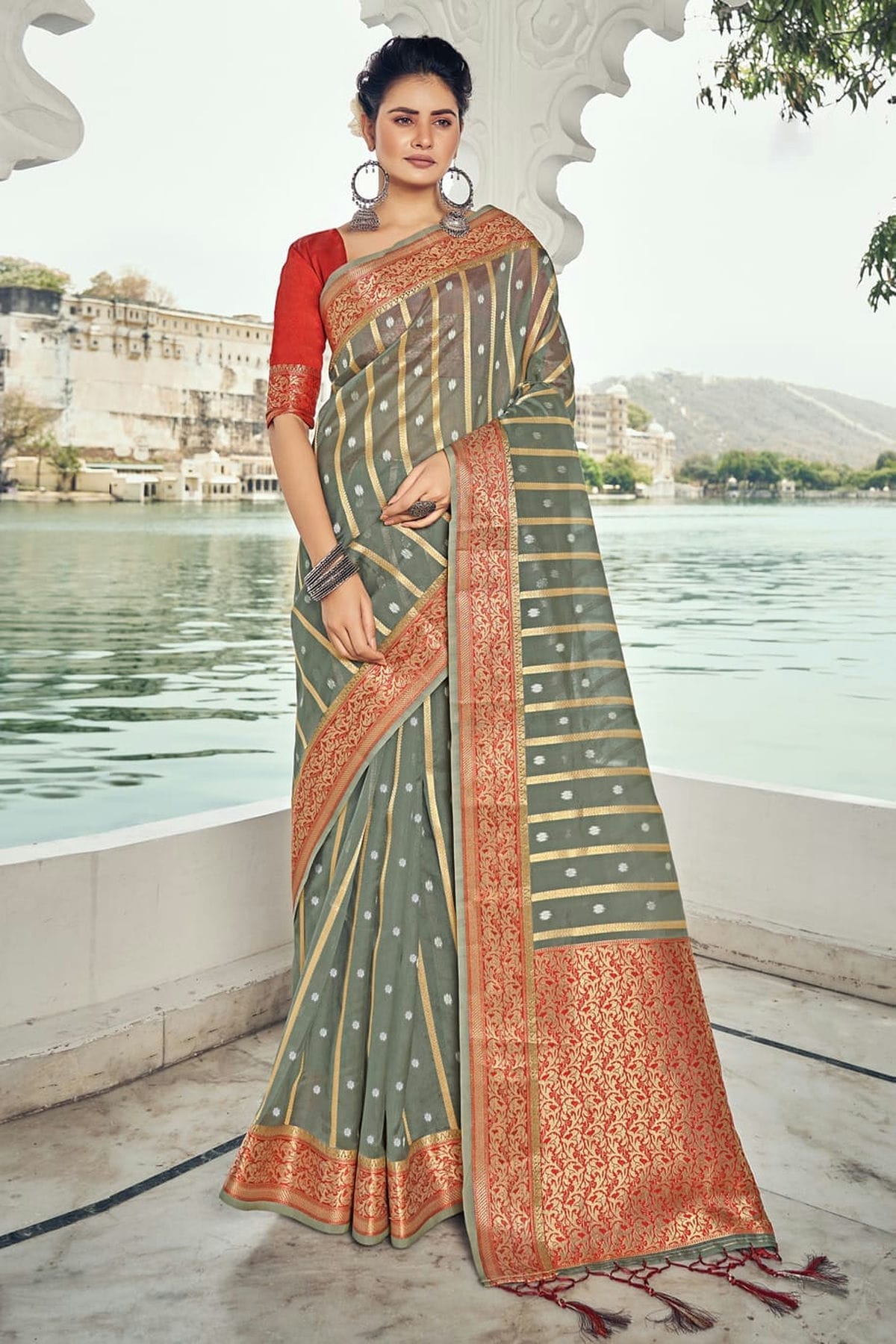 Grey Colour Woven Work Organza Saree