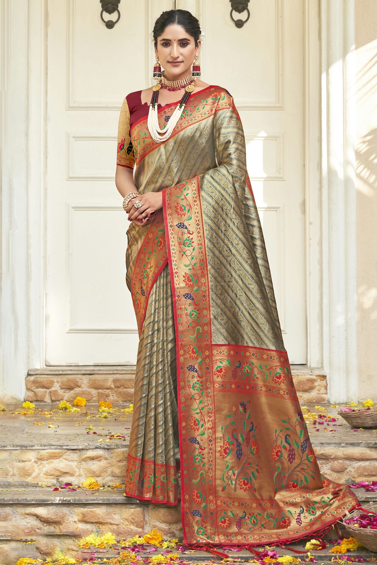 Grey Colour Woven Work Paithani Silk Saree