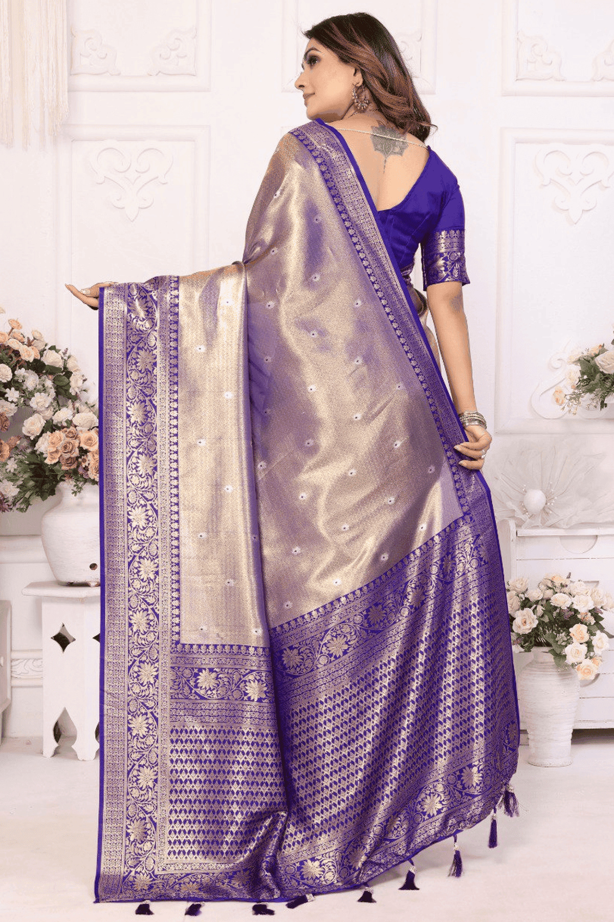 Grey Colour Woven Work Pure Banarasi Tissue Silk Traditional Saree VSSD1250248