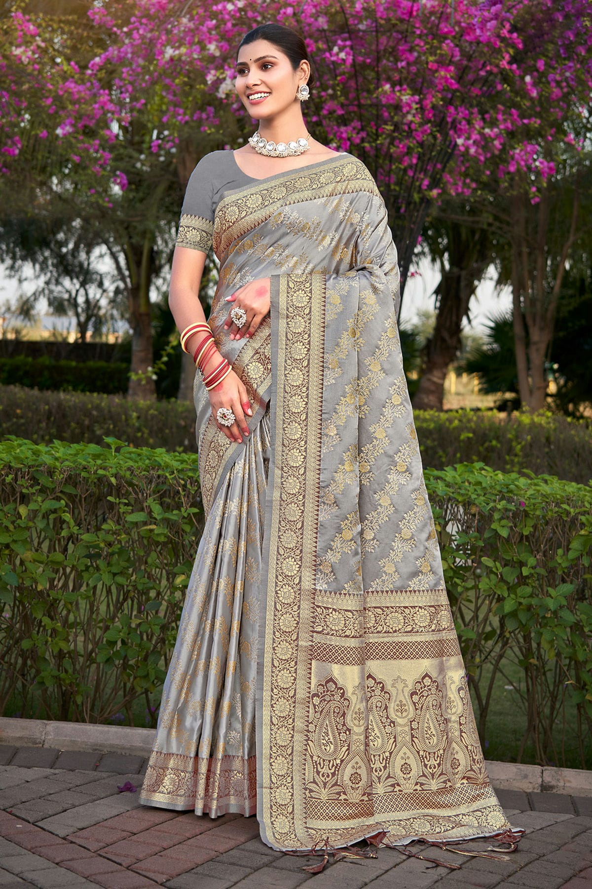 Grey Colour Woven Work Stain Silk Saree