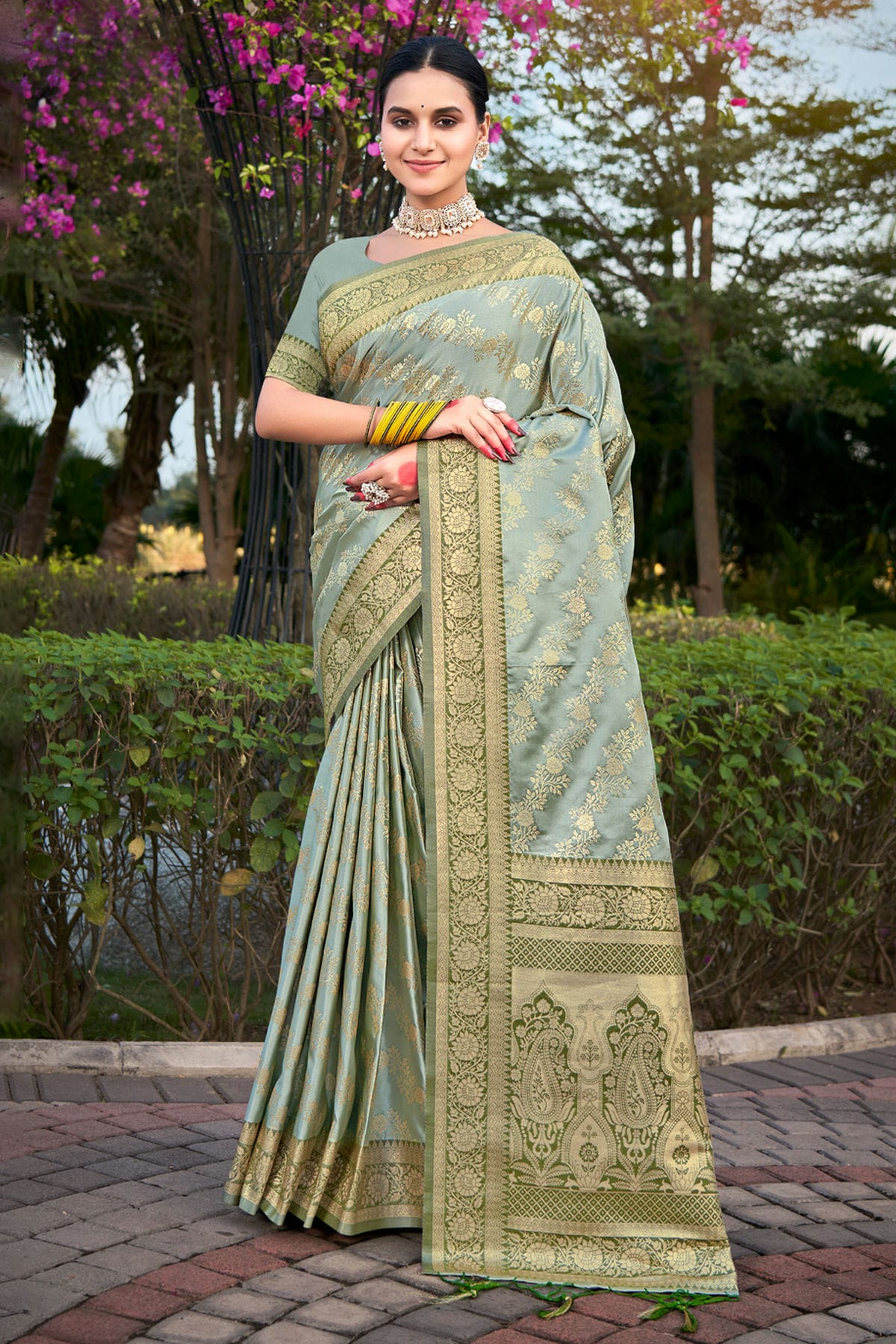 Grey Colour Woven Work Stain Silk Saree