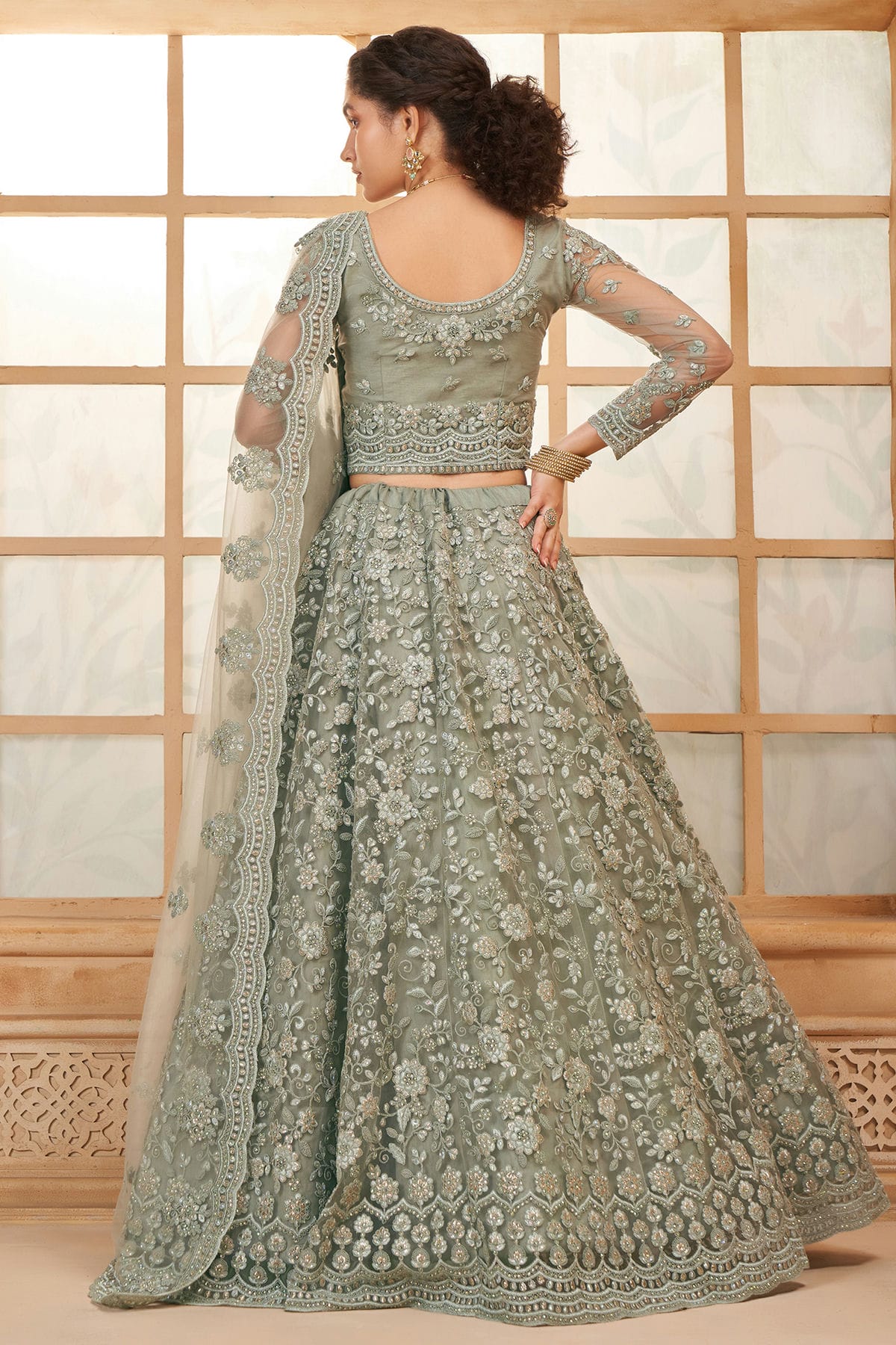 Grey Embroidery Net and SilK Lehenga Choli