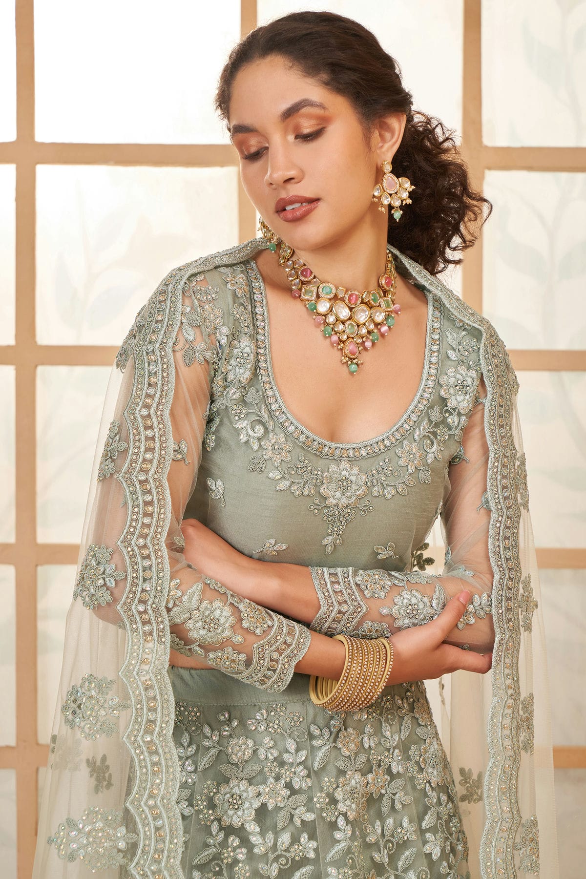 Grey Embroidery Net and SilK Lehenga Choli