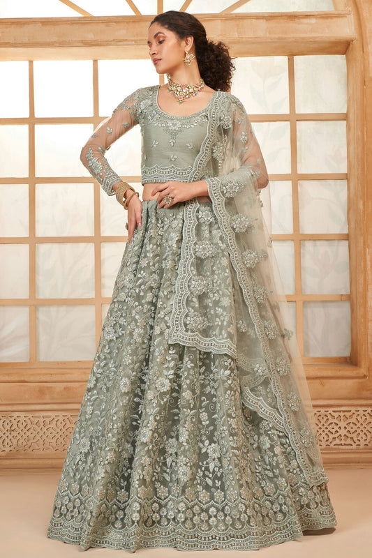 Grey Embroidery Net and SilK Lehenga Choli