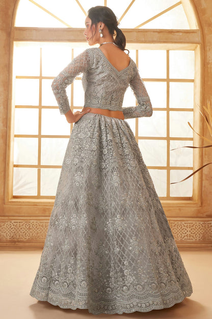 Grey Embroidery Net and SilK Lehenga Choli