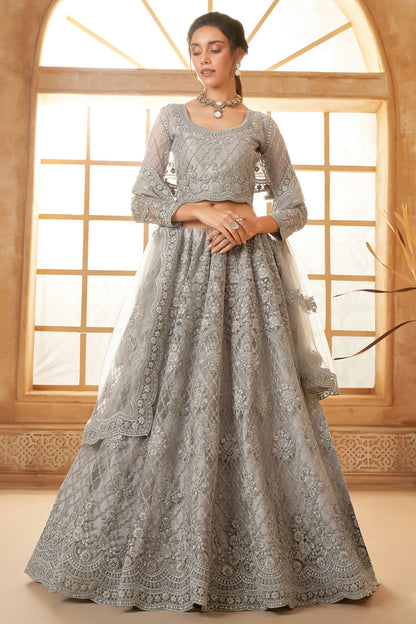 Grey Embroidery Net and SilK Lehenga Choli