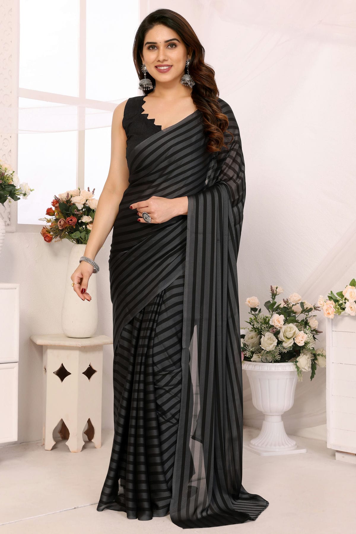 Grey and Black Colour Georgette Ready To Wear Saree