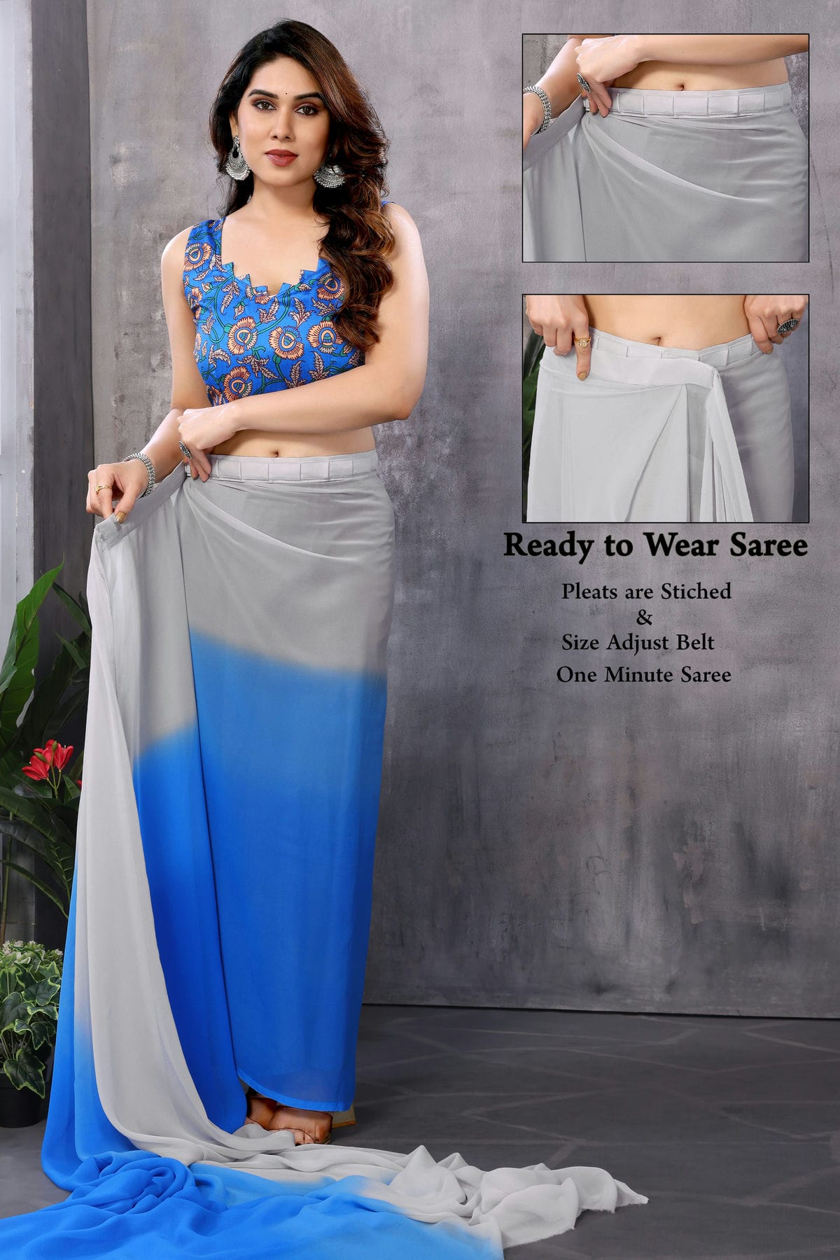 Grey and Blue Colour Georgette Ready To Wear Saree