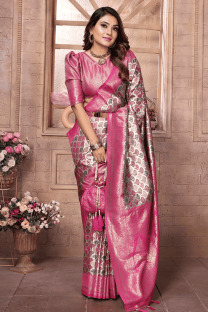 Grey and Pink Colour Woven Work Banarasi Silk Traditional Saree VSSD1250236