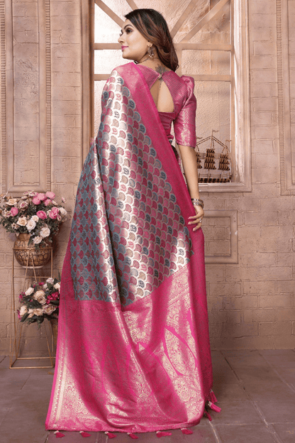 Grey and Pink Colour Woven Work Banarasi Silk Traditional Saree VSSD1250236