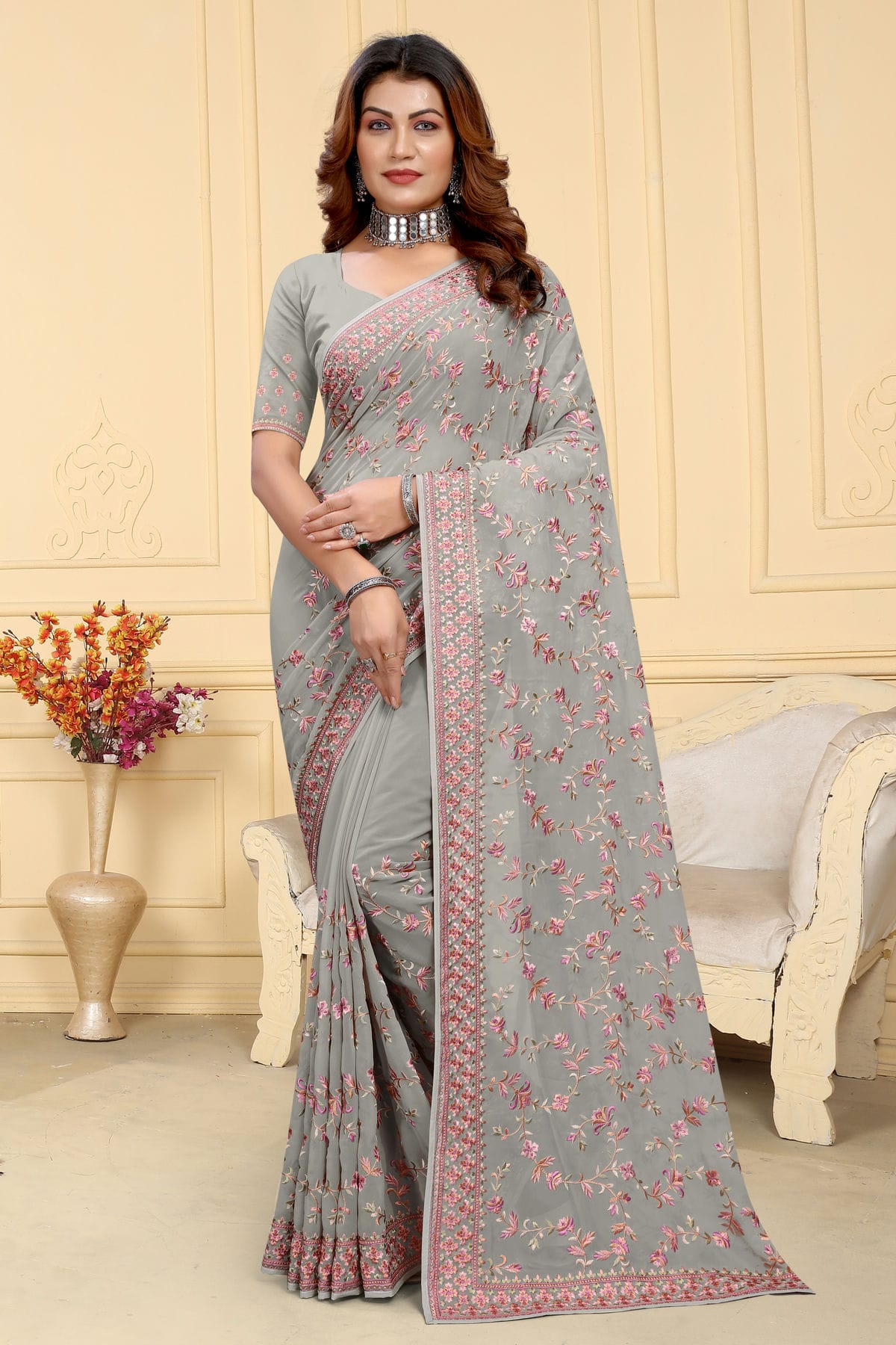 Grey Colour Georgette Saree