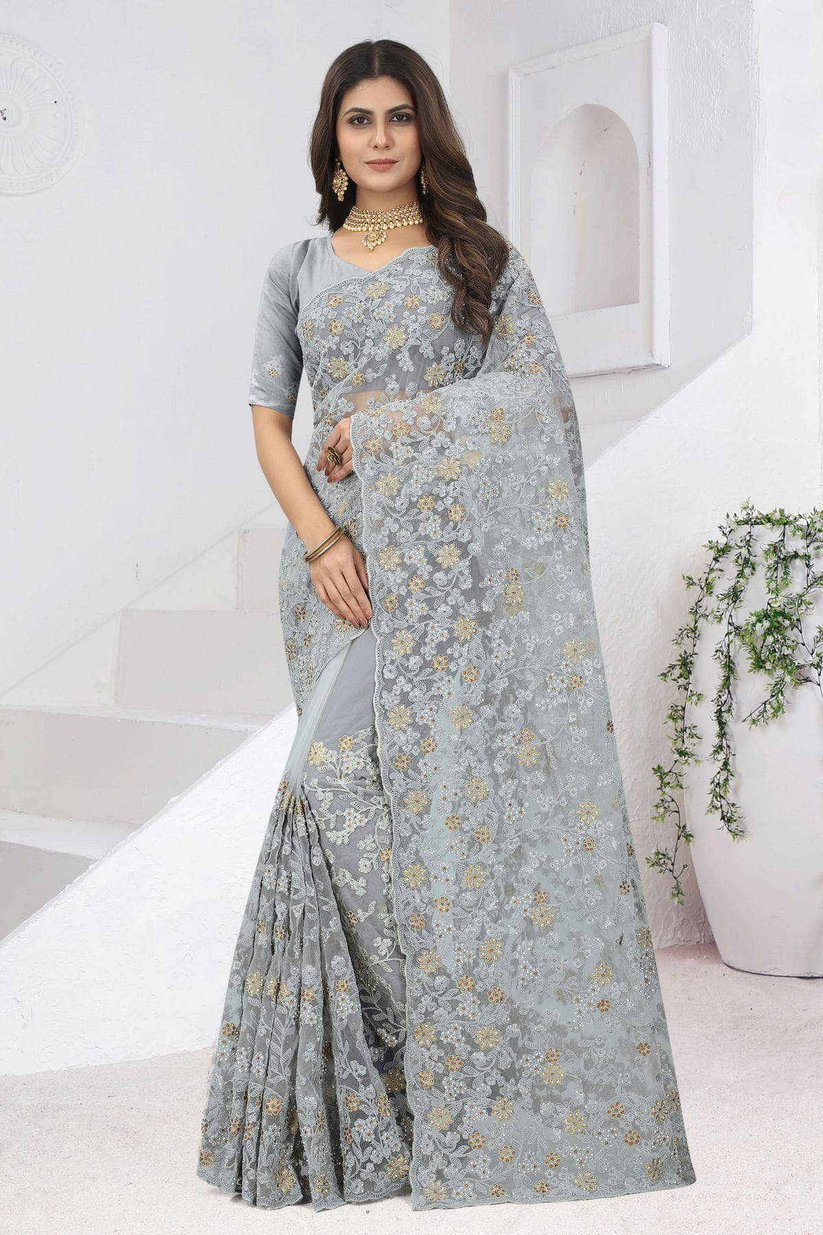 Grey Colour Net Saree