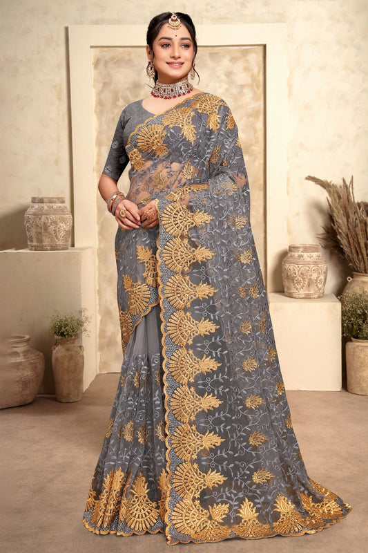 Grey Colour Net Saree