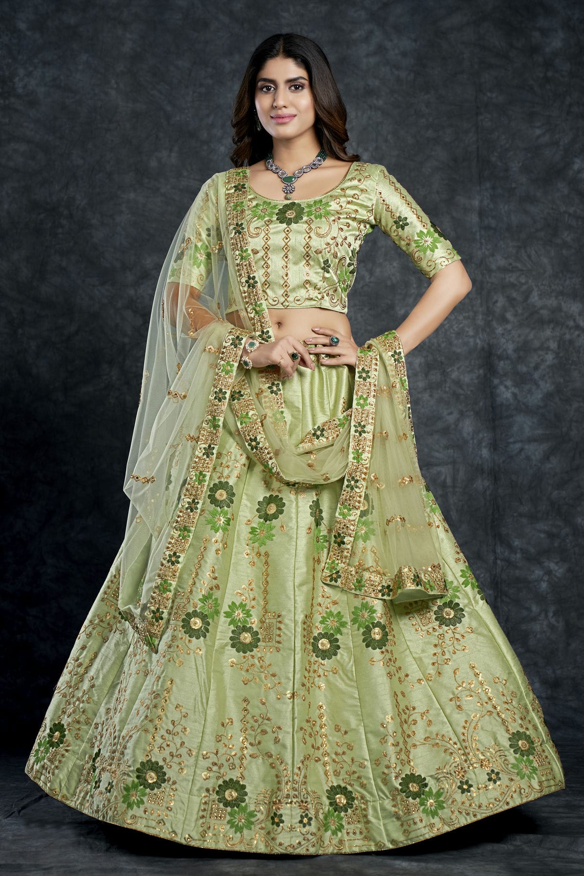 Italian Silk Designer Lehenga Choli In Pista Green Colour