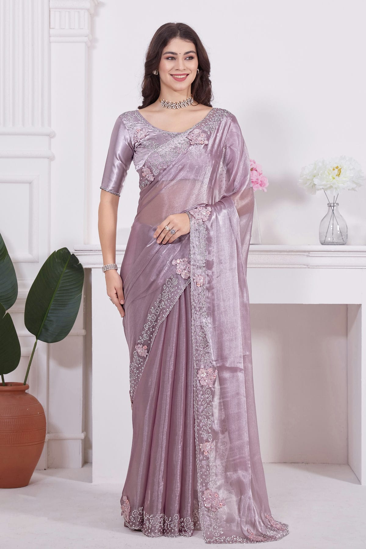 Lavender Colour Burberry Silk Designer Saree