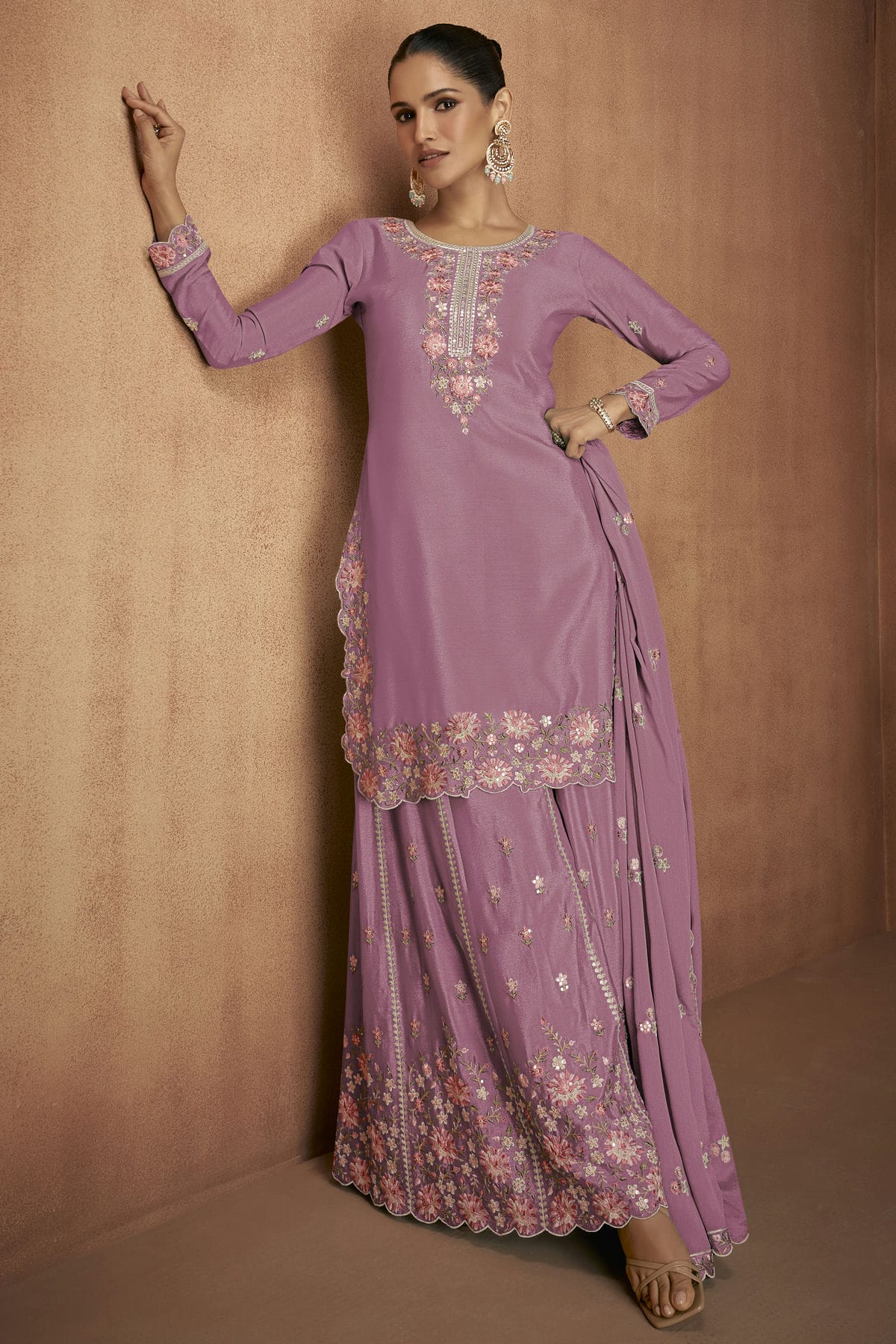 Lavender Colour Chinon Semi Stitched Palazzo Pant Suit