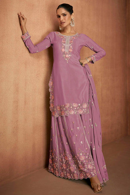 Lavender Colour Chinon Semi Stitched Palazzo Pant Suit