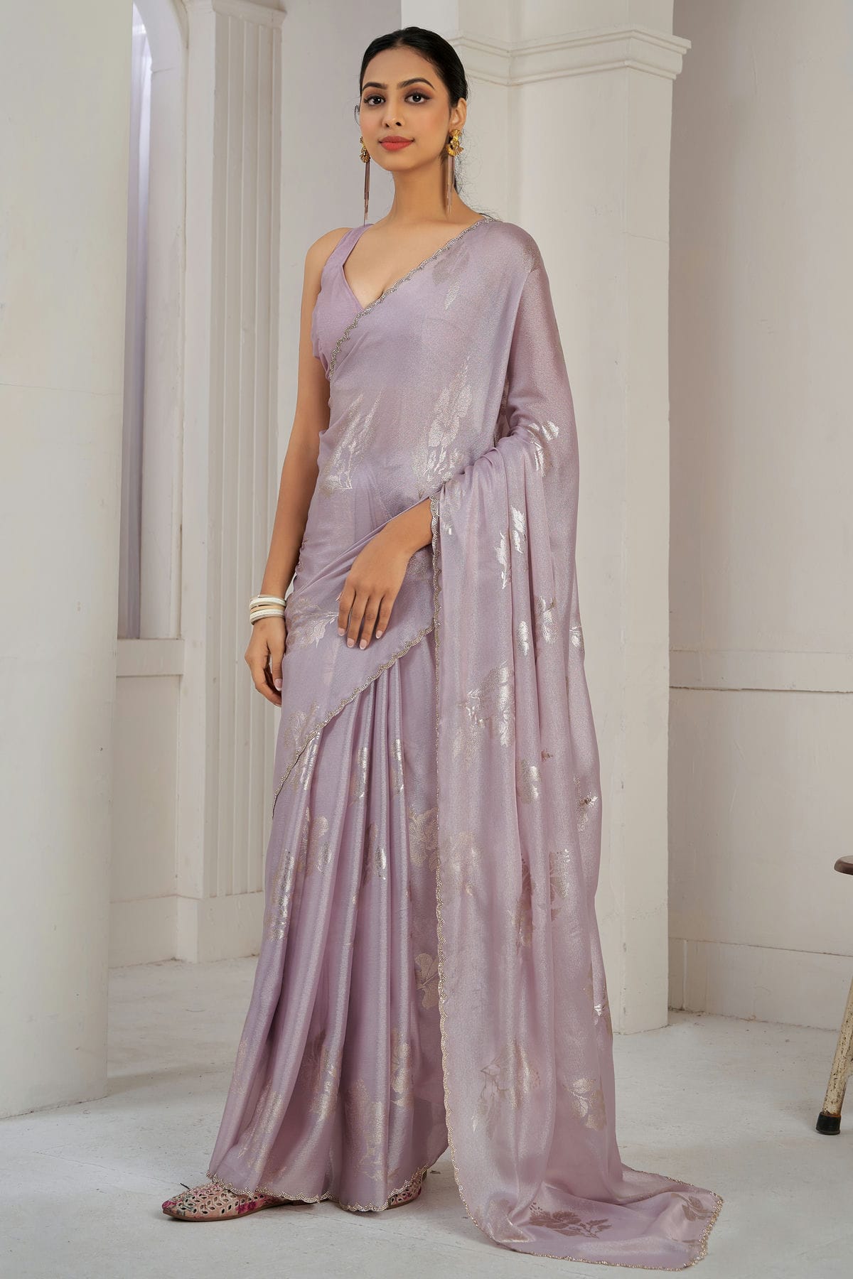 Lavender Colour Chinon Silk Designer Saree