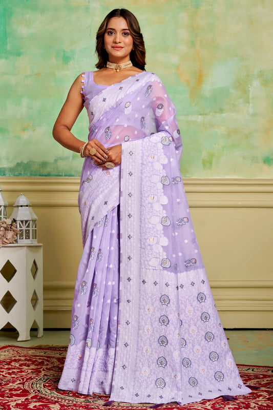 Lavender Colour Cotton Traditional Saree