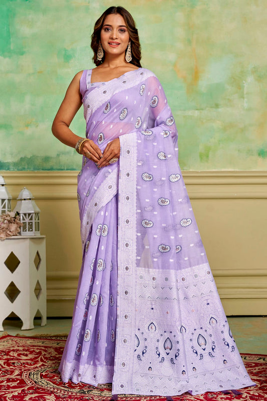 Lavender Colour Cotton Traditional Saree