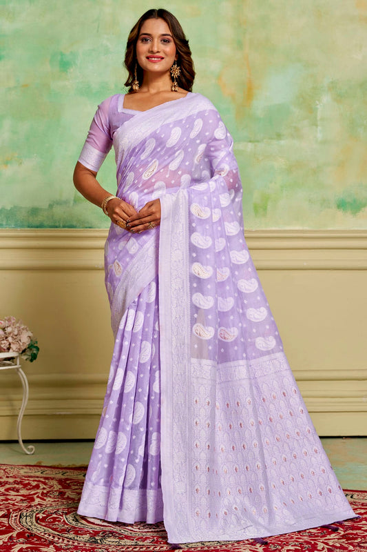 Lavender Colour Cotton Traditional Saree