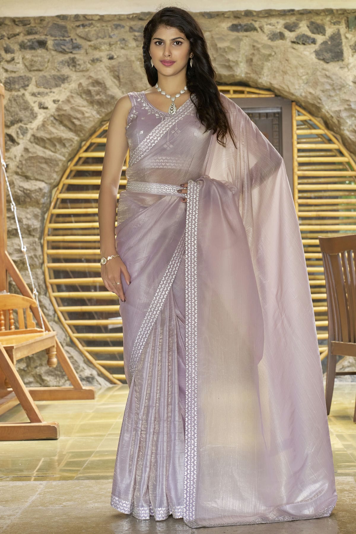 Lavender Colour Crush Silk Designer Saree