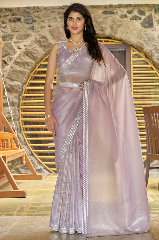 Lavender Colour Crush Silk Designer Saree