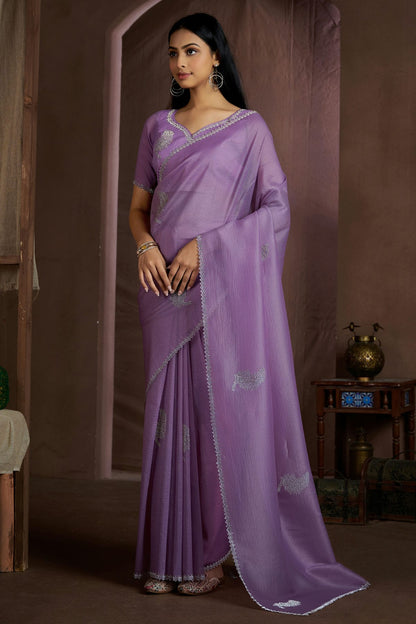 Lavender Colour Crush Silk Designer Saree