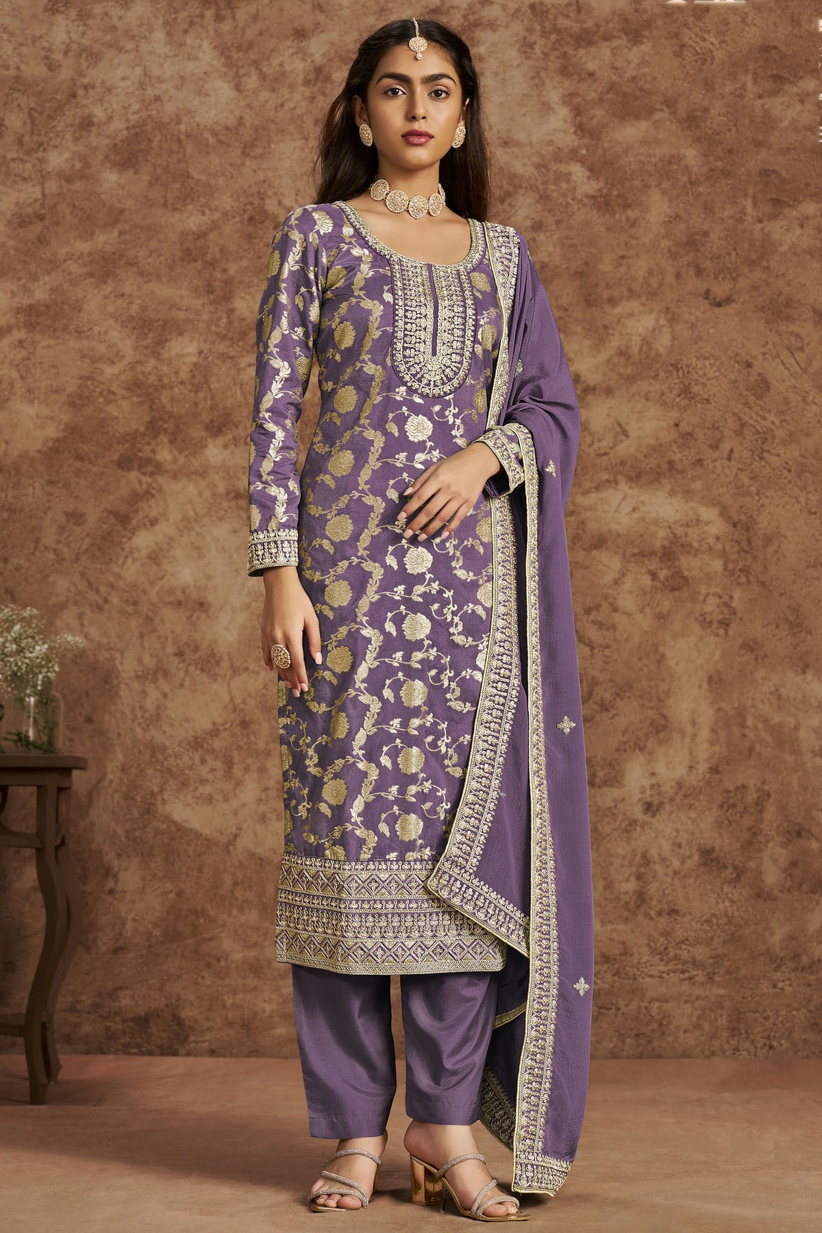 Lavender Colour Dolla Silk Jacquard Straight Suit VSSM1050682