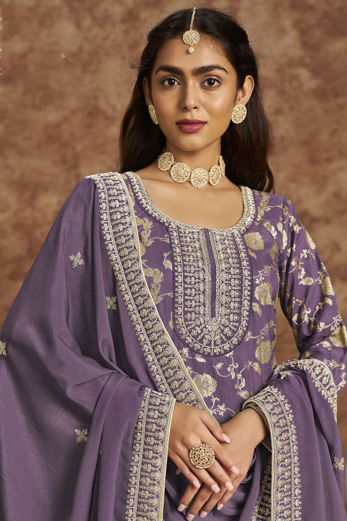 Lavender Colour Dolla Silk Jacquard Straight Suit VSSM1050682