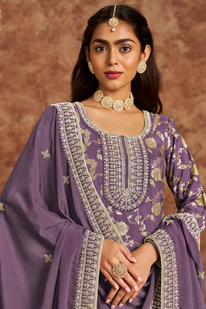 Lavender Colour Dolla Silk Jacquard Straight Suit VSSM1050682