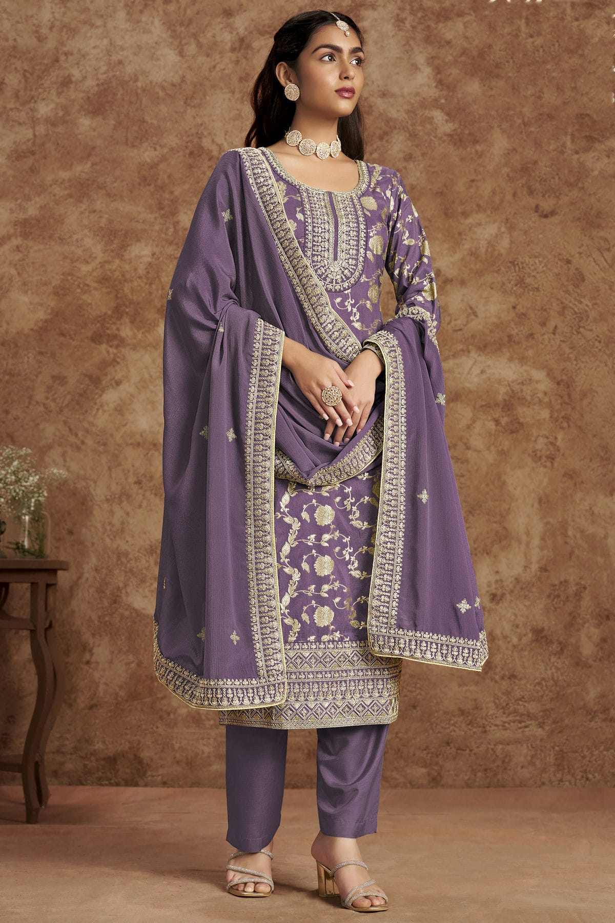 Lavender Colour Dolla Silk Jacquard Straight Suit