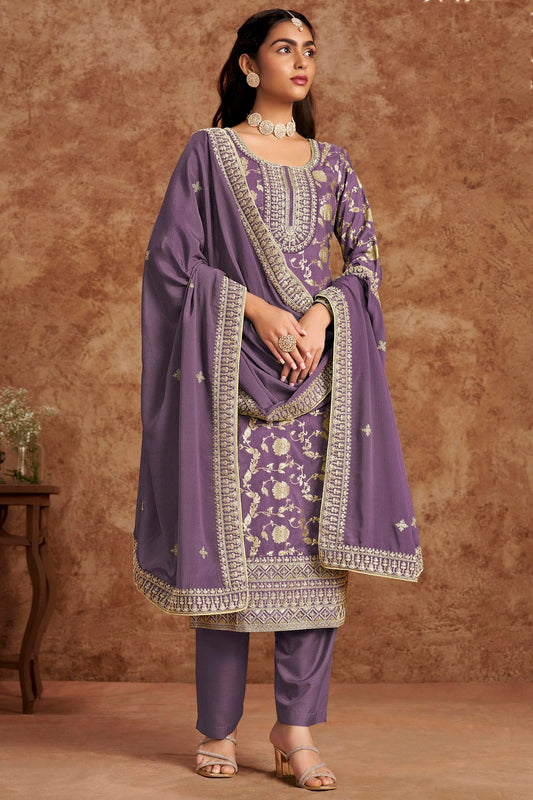 Lavender Colour Dolla Silk Jacquard Straight Suit