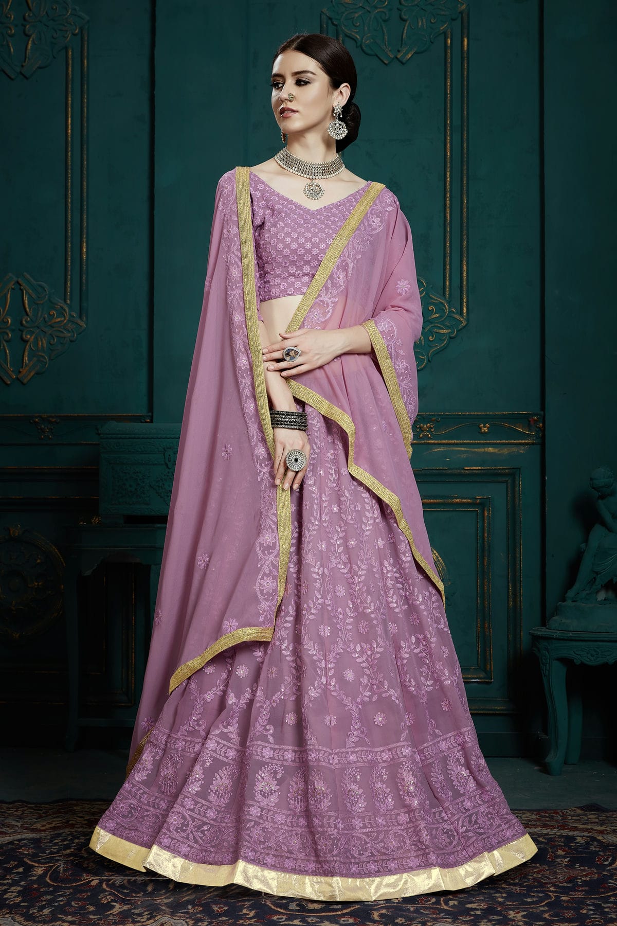 Lavender Colour Embroidery Georgette Lehenga Choli