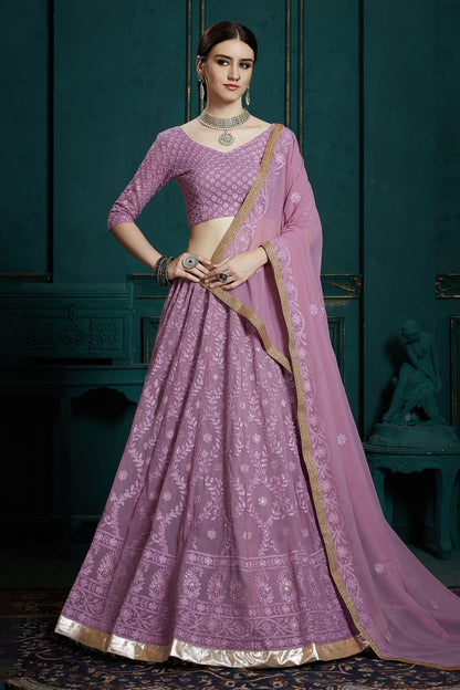 Lavender Colour Embroidery Georgette Lehenga Choli