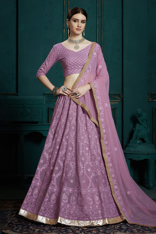 Lavender Colour Embroidery Georgette Lehenga Choli