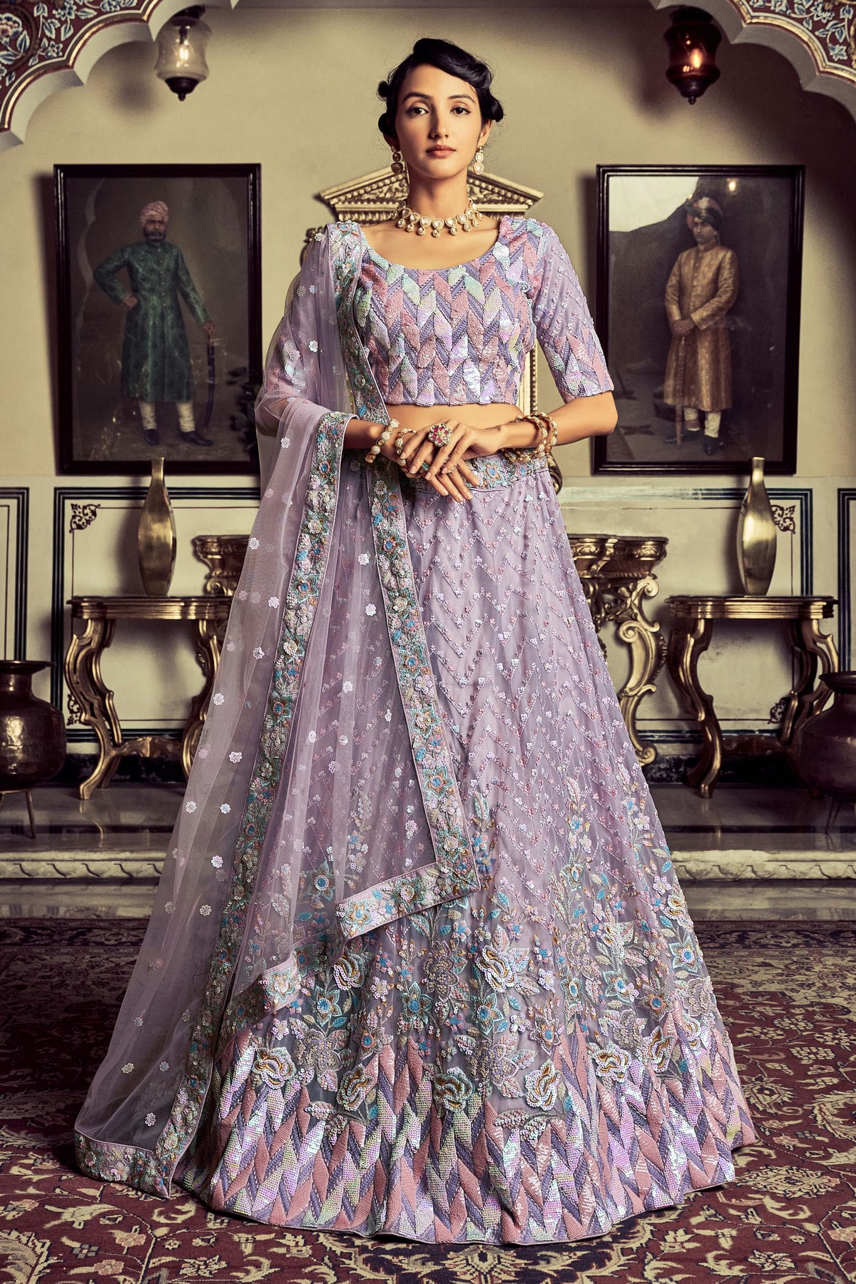 Lavender Colour Embroidery Georgette Lehenga Choli