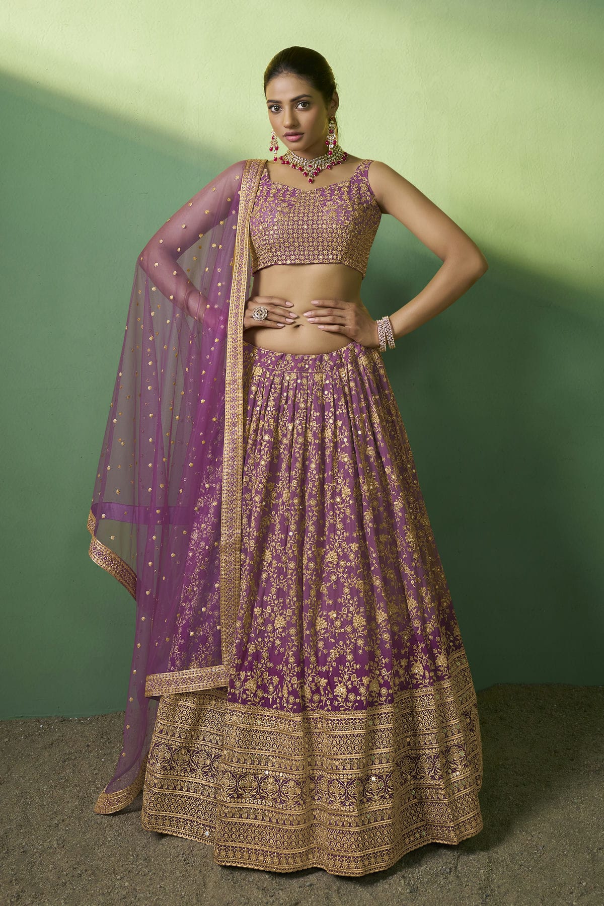 Lavender Colour Embroidery Georgette Lehenga Choli