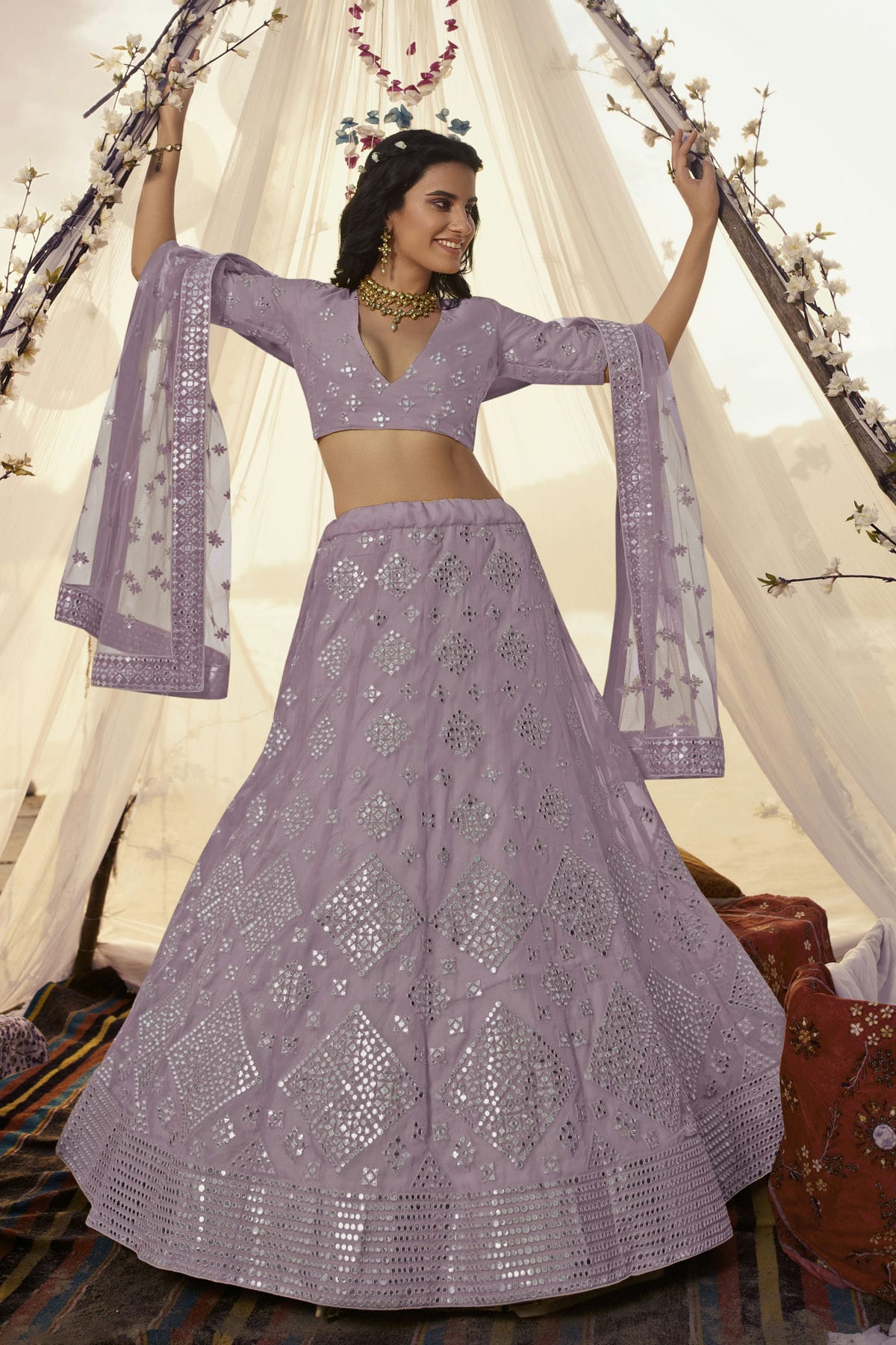 Lavender Colour Embroidery Organza Lehenga Choli