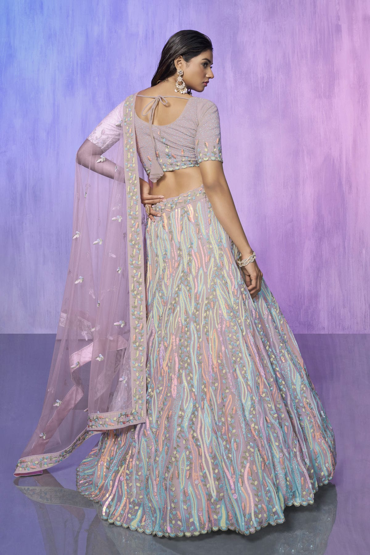 Lavender Colour Embroidery Organza Lehenga Choli