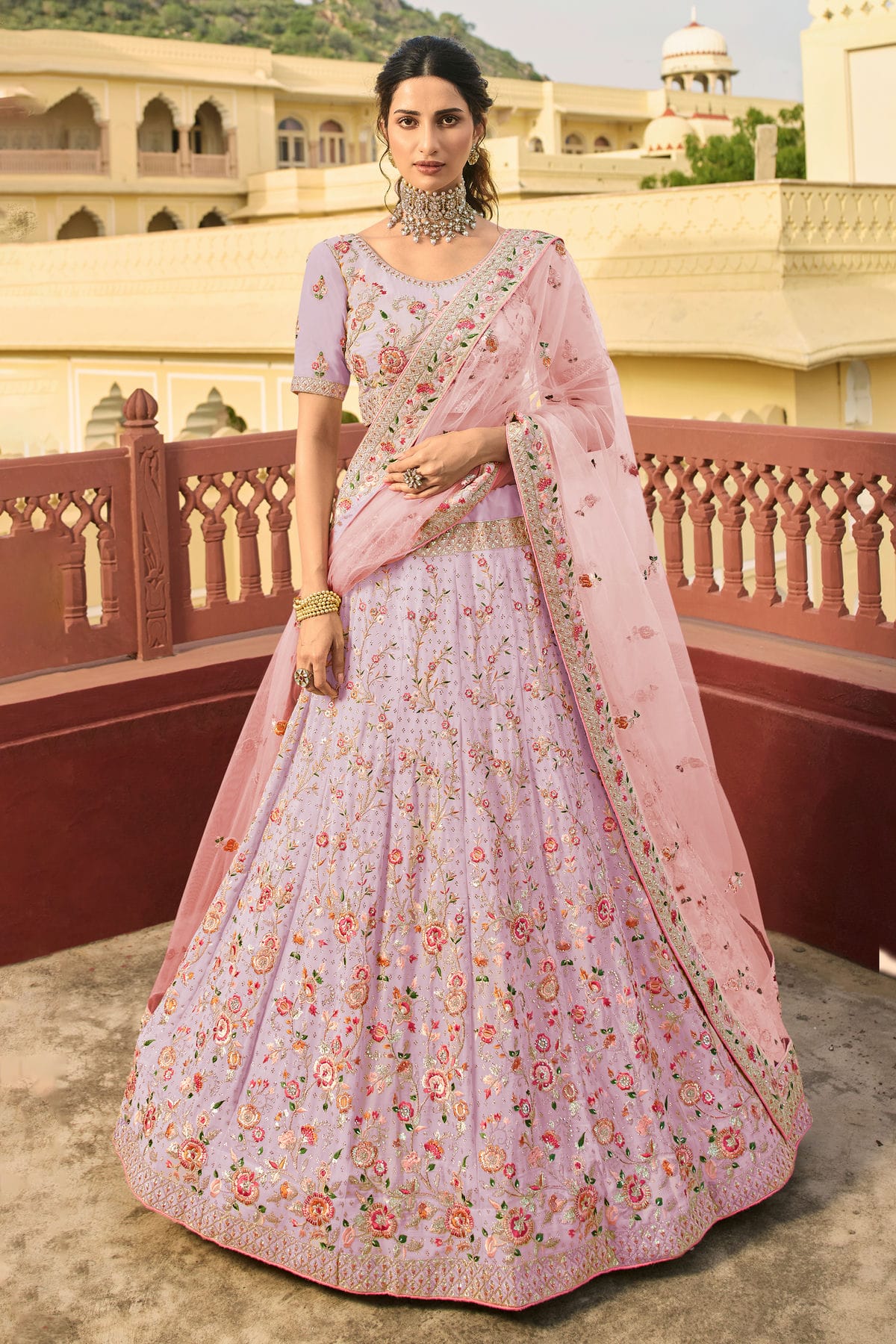 Lavender Colour Embroidery Organza Lehenga Choli